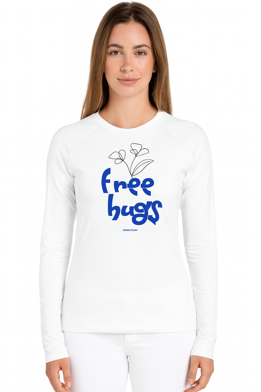Women's BJJ Rash Guard "Free Hugs" White Blue Flower